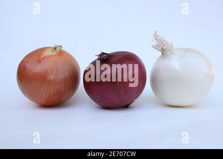 Trio d'oignon rouge, jaune et blanc sur fond blanc Banque D'Images