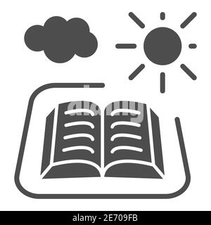 Livre ouvert avec soleil et icône de nuage solide, concept de pique-nique, enseigne de lecture extérieure sur fond blanc, icône de livre ouvert dans le style glyphe pour le concept mobile Illustration de Vecteur