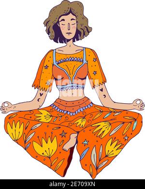 Une femme assise dans le yoga pose lotus et médite. Illustration vectorielle Doodle avec arrière-plan blanc isolé. Belle femme en boho style chic graphique e Illustration de Vecteur