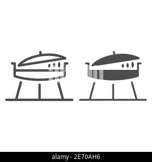 Gril barbecue ligne et icône solide, concept bbq, signe brazier sur fond blanc, poêle à frire avec couvercle pour icône pique-nique dans le style de contour pour mobile Illustration de Vecteur