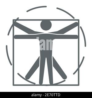 Leonardo Da Vinci Vitruvian Homme icône solide, concept scientifique, corps humain en cercle et signe carré sur fond blanc, forme d'homme proportion classique Illustration de Vecteur