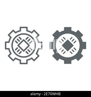 Processeur central dans la ligne d'engrenage et icône solide, concept de technologie de l'information, Microchip en roue dentée sur fond blanc, Gear avec puce Illustration de Vecteur