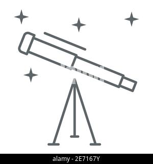 Icône du télescope en ligne mince, concept scientifique, instrument optique de recherche spatiale signe sur fond blanc, icône du télescope astronomique en forme de contour pour Illustration de Vecteur