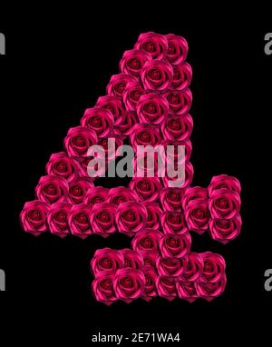 image de concept d'amour du numéro 4 fait de roses roses isolées sur fond noir. Élément de conception pour les thèmes d'amour Banque D'Images