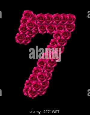 image de concept d'amour du numéro 7 fait de roses roses isolées sur fond noir. Élément de conception pour les thèmes d'amour Banque D'Images