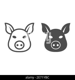 Ligne de tête de porc et icône solide, concept animaux de ferme, signe de porc sur fond blanc, icône de silhouette de visage de porc dans le style de contour pour le concept mobile et Illustration de Vecteur
