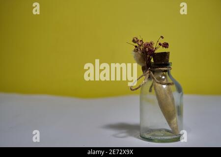 Un morceau de papier peint à l'intérieur de la gousse de verre et de la prise de bois sur fond blanc et jaune. Correspondance de style ancien et ancien. Banque D'Images