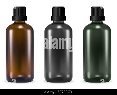 Bouteille en verre. Flacons médicaux en verre brun isolés sur du blanc. Flacon de pharmacie avec bouchon en plastique pour huile essentielle. Vecteur 3d réaliste pharmaceutique suite Illustration de Vecteur