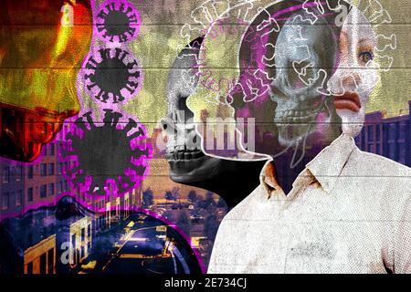 Résumé photo numérique collage graphique de crânes et de cyborg humanoïde Avec illustration 3D du coronavirus Banque D'Images
