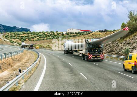 Plusieurs camions de transport spéciaux sur la route transportant des pales d'éoliennes. Banque D'Images
