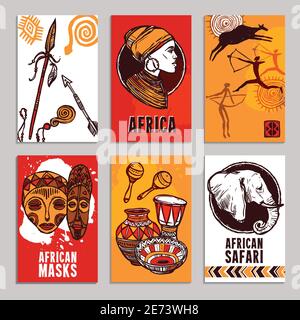 Africa affiche set avec safari et masques esquisse éléments isolés illustration vectorielle Illustration de Vecteur