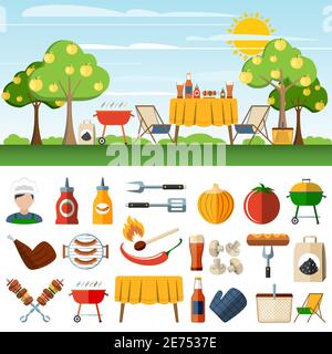 Pique-nique barbecue familial dans la campagne, banderoles horizontales pictogrammes des accessoires pour barbecue illustration abstraite à vecteur isolé Illustration de Vecteur