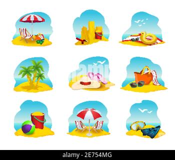 Les icônes de la plage et de la bande dessinée d'été sont présentées avec un château de sable et un parasol illustration vectorielle isolée paumes Illustration de Vecteur