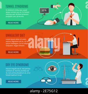 Bannières horizontales de syndrome de bureau avec des personnes travaillant sur l'ordinateur ayant douleurs au poignet et maladie des yeux secs et icônes de malsain diet flat vector illus Illustration de Vecteur