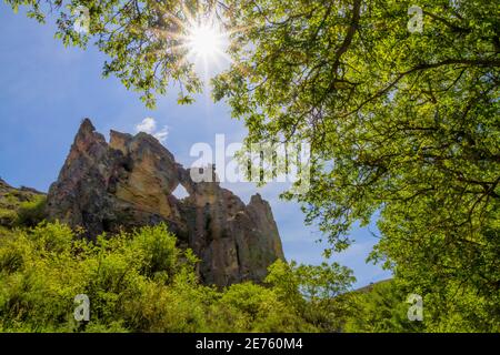 montagne rocheuse avec un trou au milieu vu à travers quelques arbres, dans la gorge de Peregrina en el Parque Natural del Rio Dulce, Guadalajara, Espagne Banque D'Images
