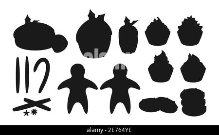 Noël bonbons nourriture noir silhouette icônes ensemble. Dessert d'hiver. Gâteau traditionnel, gâteau au beurre, pain d'épice. Savoureux en-cas fête nouvel an. Isolé sur une illustration vectorielle blanche. Illustration de Vecteur