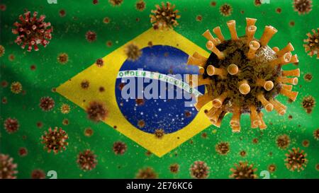 Le coronavirus de la grippe flotte sur le drapeau brésilien, un agent pathogène qui attaque les voies respiratoires. Bannière brésilienne agitant avec la pandémie de virus Covid19 infec Banque D'Images