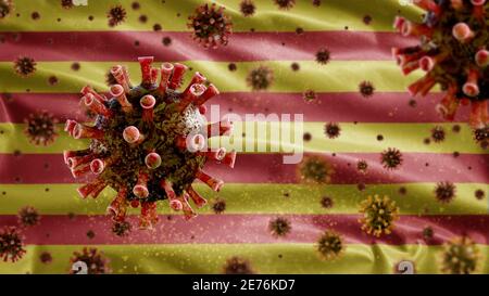 Coronavirus de la grippe flottant au-dessus du drapeau de la Catalogne, un agent pathogène qui attaque les voies respiratoires. Bannière catalane agitant avec une pandémie de virus de Covid19 infe Banque D'Images