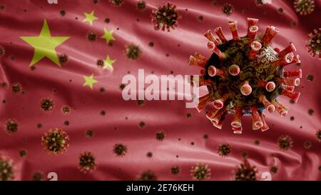 Le coronavirus de la grippe flotte sur le drapeau chinois, un agent pathogène qui attaque les voies respiratoires. Bannière chinoise agitant avec la pandémie de virus de Covid19 infectio Banque D'Images