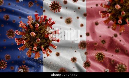 Le coronavirus de la grippe flotte sur le drapeau français, un agent pathogène qui attaque les voies respiratoires. France bannière agitant avec la pandémie de virus de Covid19 infectio Banque D'Images