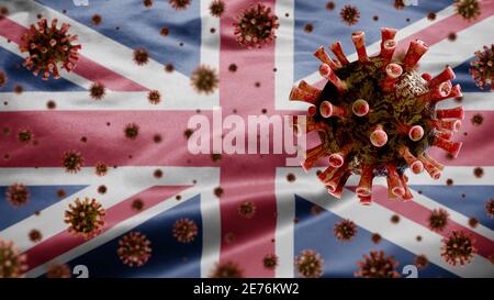 Coronavirus de la grippe flottant sur le drapeau du Royaume-Uni, un agent pathogène qui attaque les voies respiratoires. Bannière britannique agitant avec une pandémie du virus Covid19 Banque D'Images