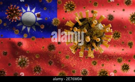 Le coronavirus de la grippe flotte sur le drapeau taïwanais, un agent pathogène qui attaque les voies respiratoires. Bannière taïwanaise agitant avec la pandémie de virus Covid19 infec Banque D'Images