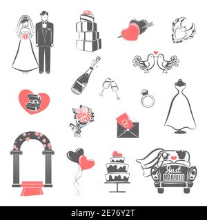 Mariage traditionnel deux couleurs icônes ensemble avec couple engagé et accessoires de fête de mariée abstrait isolé illustration vectorielle Illustration de Vecteur