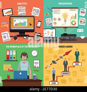 Kit de conception de bureau avec présentation de l'espace de travail et plan de carrière icônes illustration vectorielle isolée Illustration de Vecteur