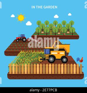 Concept agricole avec récolte de tracteur dans le champ à vecteur plat illustration Illustration de Vecteur