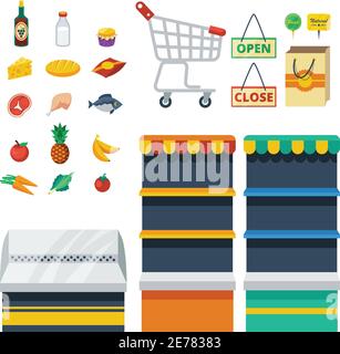 Collection d'icônes décoratives à plat de supermarché avec panier de produits alimentaires illustration vectorielle isolée du sac en papier des étagères du magasin Illustration de Vecteur