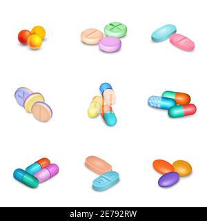 Pilules et capsules réalistes dans différentes couleurs icônes ensemble isolé illustration vectorielle Illustration de Vecteur