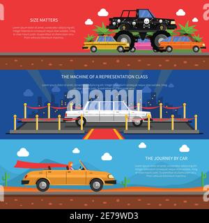 Bannières horizontales pour voitures avec voitures de classe représentation et voyage illustration vectorielle isolée plate par des symboles de voiture Illustration de Vecteur