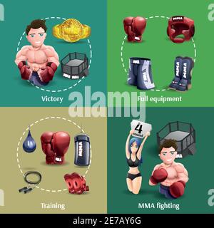 MMA Fighting Training équipement complet et champion 4 icônes 3d illustration vectorielle isolée abstraite de la bannière de composition carrée Illustration de Vecteur