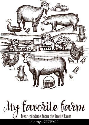 Affiche du marché des agriculteurs avec nourriture et animaux d'élevage dessinés à la main village sur illustration vectorielle d'arrière-plan Illustration de Vecteur