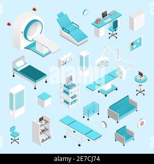 Les icônes isométriques de l'équipement hospitalier et du mobilier définissent une illustration vectorielle isolée Illustration de Vecteur