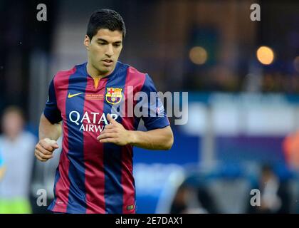 BERLIN, ALLEMAGNE - 6 JUIN 2015 : Luis Suarez photographié lors de la finale de la Ligue des champions de l'UEFA 2014/15 entre Juventus Torino et le FC Barcelone à l'Olympiastadion. Banque D'Images