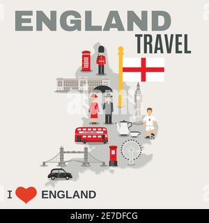 Albion Island Travel carte gris brume de l'angleterre poster avec lieux touristiques et symboles culturels illustration vectorielle Illustration de Vecteur