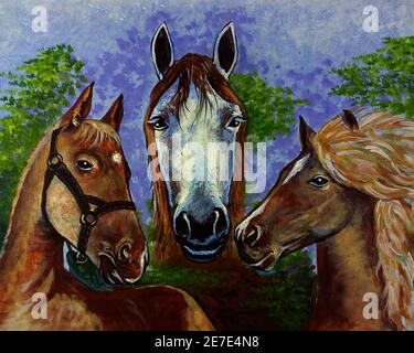 peints à la main originaux impressionnisme chefs-d'œuvre peintre art peinture à l'huile cheval et poney dans le zoo Banque D'Images