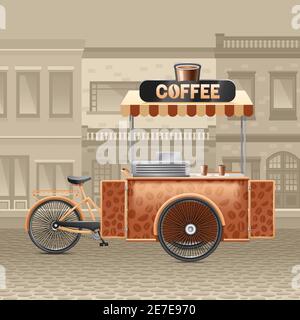 Chariot à café avec tente et route de maisons en ville illustration vectorielle réaliste Illustration de Vecteur