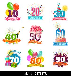 Anniversaire anniversaires fêtes emblèmes icônes ensemble pour cartes cadeaux personnalisées et présente une illustration vectorielle abstraite isolée colorée Illustration de Vecteur