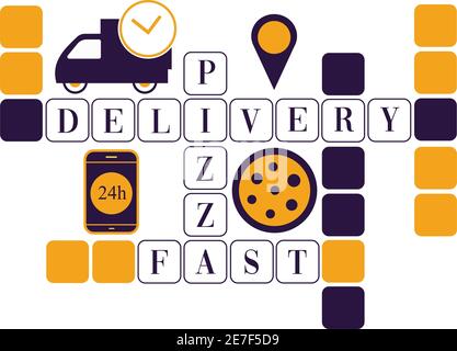 Concept de mot clé de livraison rapide en ligne avec pizza, camion et téléphone. Motif violet et jaune. Banque D'Images