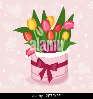 Boîte avec tulipes multicolores et coeur pour la Saint-Valentin, la Fête des femmes, la Fête des mères. Un cadeau pour une fille, une mère, une grand-mère, une petite amie. Vecteur plat Illustration de Vecteur