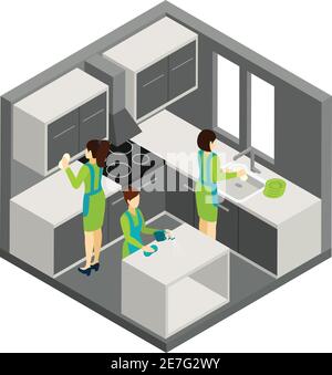 Les femmes de ménage professionnelles en uniforme vert fournissent un nettoyage de cuisine de qualité illustration vectorielle de bannière de pictogramme isométrique abstrait de services Illustration de Vecteur