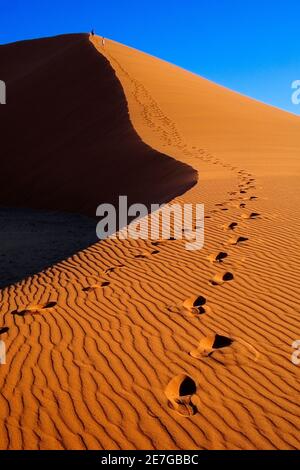 Deux personnes grimpent la dune de sable 45. Image de voyage du paysage orange de Namibie. Sossusvlei, Namibie, Afrique Banque D'Images