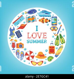 J'adore les vacances d'été icônes de voyage cercle de fond poster de composition avec accessoires de natation de plage résumé illustration de vecteur Illustration de Vecteur