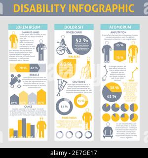 Personnes handicapées ensemble infographique avec béquilles prothèse et braille symboles illustration vectorielle plate Illustration de Vecteur