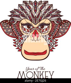 Illustration vectorielle d'esquisse dessinée à la main, vue de face d'un singe de couleur Illustration de Vecteur