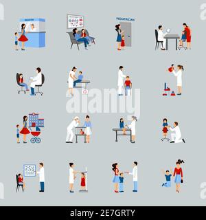 Icônes pédiatres ensemble avec médecins enfants et parents silhouettes isolées illustration vectorielle Illustration de Vecteur