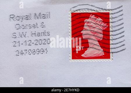 Timbre-poste de classe 1st avec tête Queens sur enveloppe et Royal Mail Dorset & S.W. Hants a frité Banque D'Images