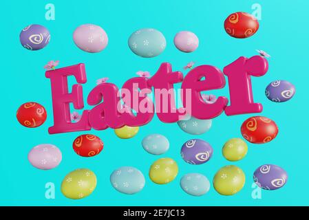 Décor simple et coloré aux œufs de Pâques en chocolat. Illustration 3D Banque D'Images